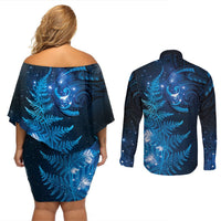 New Zealand Matariki Couples Matching Off Shoulder Short Dress and Long Sleeve Button Shirt Blue Milky Way Stars Night Sky LT9 - Polynesian Pride