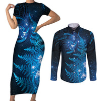New Zealand Matariki Couples Matching Short Sleeve Bodycon Dress and Long Sleeve Button Shirt Blue Milky Way Stars Night Sky LT9 Blue - Polynesian Pride