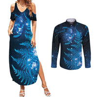 New Zealand Matariki Couples Matching Summer Maxi Dress and Long Sleeve Button Shirt Blue Milky Way Stars Night Sky LT9 Blue - Polynesian Pride