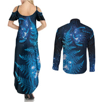 New Zealand Matariki Couples Matching Summer Maxi Dress and Long Sleeve Button Shirt Blue Milky Way Stars Night Sky LT9 - Polynesian Pride