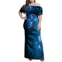 New Zealand Matariki Family Matching Off Shoulder Maxi Dress and Hawaiian Shirt Blue Milky Way Stars Night Sky LT9 Mom's Dress Blue - Polynesian Pride