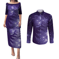 New Zealand Matariki Couples Matching Puletasi and Long Sleeve Button Shirt Purple Milky Way Stars Night Sky LT9 Purple - Polynesian Pride