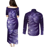 New Zealand Matariki Couples Matching Puletasi and Long Sleeve Button Shirt Purple Milky Way Stars Night Sky LT9 - Polynesian Pride