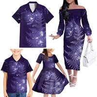 New Zealand Matariki Family Matching Off The Shoulder Long Sleeve Dress and Hawaiian Shirt Purple Milky Way Stars Night Sky LT9 - Polynesian Pride