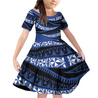 Fiji Rugby Pacific Custom Family Matching Off Shoulder Short Dress and Hawaiian Shirt Pasifika Tapa Pattern LT9 Daughter's Dress Blue - Polynesian Pride