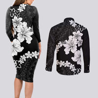 American Samoa Lotu Tamaiti Couples Matching Long Sleeve Bodycon Dress and Long Sleeve Button Shirt White Sunday Plumeria Black Vibe LT9 - Polynesian Pride