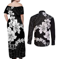 American Samoa Lotu Tamaiti Couples Matching Off Shoulder Maxi Dress and Long Sleeve Button Shirt White Sunday Plumeria Black Vibe LT9 - Polynesian Pride