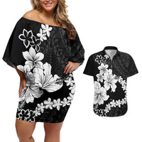 American Samoa Lotu Tamaiti Couples Matching Off Shoulder Short Dress and Hawaiian Shirt White Sunday Plumeria Black Vibe LT9 Black - Polynesian Pride