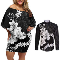 American Samoa Lotu Tamaiti Couples Matching Off Shoulder Short Dress and Long Sleeve Button Shirt White Sunday Plumeria Black Vibe LT9 Black - Polynesian Pride