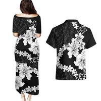 American Samoa Lotu Tamaiti Couples Matching Puletasi and Hawaiian Shirt White Sunday Plumeria Black Vibe LT9 - Polynesian Pride