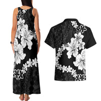 American Samoa Lotu Tamaiti Couples Matching Tank Maxi Dress and Hawaiian Shirt White Sunday Plumeria Black Vibe LT9 - Polynesian Pride