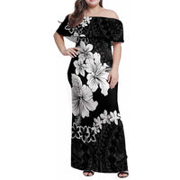 American Samoa Lotu Tamaiti Family Matching Off Shoulder Maxi Dress and Hawaiian Shirt White Sunday Plumeria Black Vibe LT9 Mom's Dress Black - Polynesian Pride