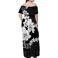 American Samoa Lotu Tamaiti Family Matching Off Shoulder Maxi Dress and Hawaiian Shirt White Sunday Plumeria Black Vibe LT9 - Polynesian Pride