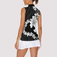 American Samoa Lotu Tamaiti Women Sleeveless Polo Shirt White Sunday Plumeria Black Vibe LT9 - Polynesian Pride