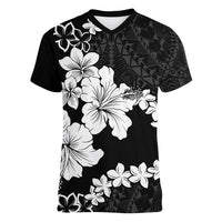 American Samoa Lotu Tamaiti Women V-Neck T-Shirt White Sunday Plumeria Black Vibe LT9 Female Black - Polynesian Pride
