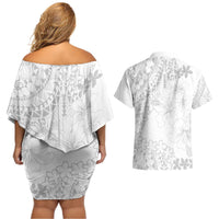 American Samoa Lotu Tamaiti Couples Matching Off Shoulder Short Dress and Hawaiian Shirt White Sunday Plumeria White Vibe LT9 - Polynesian Pride