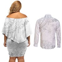 American Samoa Lotu Tamaiti Couples Matching Off Shoulder Short Dress and Long Sleeve Button Shirt White Sunday Plumeria White Vibe LT9 - Polynesian Pride