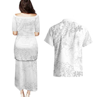 American Samoa Lotu Tamaiti Couples Matching Puletasi and Hawaiian Shirt White Sunday Plumeria White Vibe LT9 - Polynesian Pride