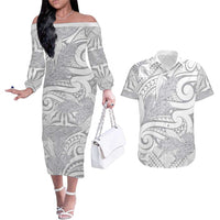 Lotu Tamaiti Samoa Siapo Couples Matching Off The Shoulder Long Sleeve Dress and Hawaiian Shirt White Sunday With Teuila Torch Ginger LT9 White - Polynesian Pride