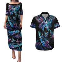 Polynesia Ribbon Butterflies Couples Matching Puletasi Dress and Hawaiian Shirt Silver Fern Breast Cancer With Papua Shell Pattern LT9 Black - Polynesian Pride