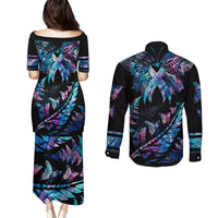 polynesia-ribbon-butterflies-couples-matching-puletasi-dress-and-long-sleeve-button-shirts-silver-fern-breast-cancer-with-papua-shell-pattern