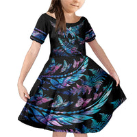Polynesia Ribbon Butterflies Family Matching Mermaid Dress and Hawaiian Shirt Silver Fern Breast Cancer With Papua Shell Pattern LT9 Daughter's Dress Black - Polynesian Pride