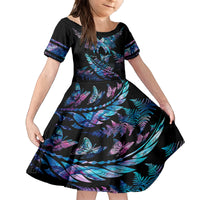 Polynesia Ribbon Butterflies Family Matching Off Shoulder Long Sleeve Dress and Hawaiian Shirt Silver Fern Breast Cancer With Papua Shell Pattern LT9 Daughter's Dress Black - Polynesian Pride