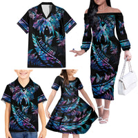 Polynesia Ribbon Butterflies Family Matching Off Shoulder Long Sleeve Dress and Hawaiian Shirt Silver Fern Breast Cancer With Papua Shell Pattern LT9 - Polynesian Pride