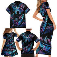 Polynesia Ribbon Butterflies Family Matching Short Sleeve Bodycon Dress and Hawaiian Shirt Silver Fern Breast Cancer With Papua Shell Pattern LT9 - Polynesian Pride