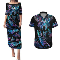 Personalised Polynesia Ribbon Butterflies Couples Matching Puletasi Dress and Hawaiian Shirt Silver Fern Breast Cancer With Papua Shell Pattern LT9 Black - Polynesian Pride