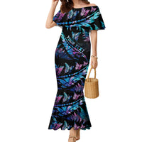 Personalised Polynesia Ribbon Butterflies Family Matching Mermaid Dress and Hawaiian Shirt Silver Fern Breast Cancer With Papua Shell Pattern LT9 Mom's Dress Black - Polynesian Pride