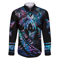 Personalised Polynesia Ribbon Butterflies Family Matching Off Shoulder Long Sleeve Dress and Hawaiian Shirt Silver Fern Breast Cancer With Papua Shell Pattern LT9 Dad's Shirt - Long Sleeve Black - Polynesian Pride