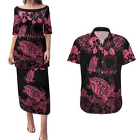 Personalised Polynesian Turtle Ribbon Couples Matching Puletasi Dress and Hawaiian Shirt Think Pink Breast Cancer With Pacific Hibiscus LT9 Pink - Polynesian Pride
