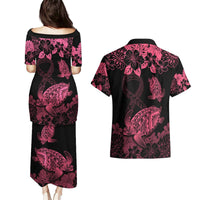 Personalised Polynesian Turtle Ribbon Couples Matching Puletasi Dress and Hawaiian Shirt Think Pink Breast Cancer With Pacific Hibiscus LT9 - Polynesian Pride