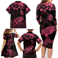 Personalised Polynesian Turtle Ribbon Family Matching Long Sleeve Bodycon Dress and Hawaiian Shirt Think Pink Breast Cancer With Pacific Hibiscus LT9 - Polynesian Pride