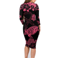 Personalised Polynesian Turtle Ribbon Family Matching Long Sleeve Bodycon Dress and Hawaiian Shirt Think Pink Breast Cancer With Pacific Hibiscus LT9 - Polynesian Pride