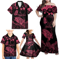Personalised Polynesian Turtle Ribbon Family Matching Off Shoulder Maxi Dress and Hawaiian Shirt Think Pink Breast Cancer With Pacific Hibiscus LT9 - Polynesian Pride