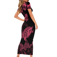 Personalised Polynesian Turtle Ribbon Family Matching Short Sleeve Bodycon Dress and Hawaiian Shirt Think Pink Breast Cancer With Pacific Hibiscus LT9 - Polynesian Pride