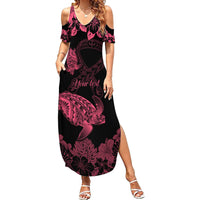 Personalised Polynesian Turtle Ribbon Family Matching Summer Maxi Dress and Hawaiian Shirt Think Pink Breast Cancer With Pacific Hibiscus LT9 Mom's Dress Pink - Polynesian Pride