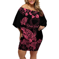 Personalised Polynesian Turtle Ribbon Off Shoulder Short Dress Think Pink Breast Cancer With Pacific Hibiscus LT9 Women Pink - Polynesian Pride