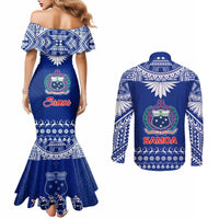 Toa Samoa Christmas Couples Matching Mermaid Dress and Long Sleeve Button Shirt Samoa Siva Tau Manuia Le Kerisimasi Blue Vibe LT9 - Polynesian Pride
