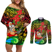Personalised Vanuatu Joyeux Noel Couples Matching Off Shoulder Short Dress and Long Sleeve Button Shirt Christmas Santas God Yumi LT9 Reggae - Polynesian Pride