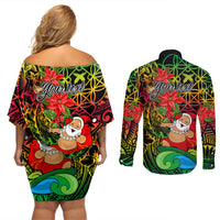 Personalised Vanuatu Joyeux Noel Couples Matching Off Shoulder Short Dress and Long Sleeve Button Shirt Christmas Santas God Yumi LT9 - Polynesian Pride