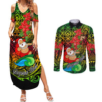 Personalised Vanuatu Joyeux Noel Couples Matching Summer Maxi Dress and Long Sleeve Button Shirt Christmas Santas God Yumi LT9 Reggae - Polynesian Pride