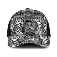 New Zealand Taiaha Maori Baseball Net Cap Kiwikiwi Minimalist Silver Fern Tukutuku Motif LT9 One Size Black White - Polynesian Pride