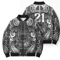 Custom New Zealand Taiaha Maori Bomber Puffer Jacket Kiwikiwi Minimalist Silver Fern Tukutuku Motif