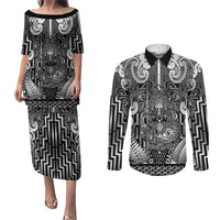 Custom New Zealand Taiaha Maori Couples Matching Puletasi and Long Sleeve Button Shirt Kiwikiwi Minimalist Silver Fern Tukutuku Motif LT9 White - Polynesian Pride