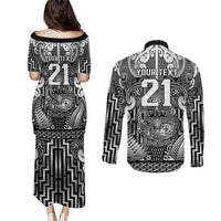 Custom New Zealand Taiaha Maori Couples Matching Puletasi and Long Sleeve Button Shirt Kiwikiwi Minimalist Silver Fern Tukutuku Motif LT9 - Polynesian Pride