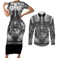 Custom New Zealand Taiaha Maori Couples Matching Short Sleeve Bodycon Dress and Long Sleeve Button Shirt Kiwikiwi Minimalist Silver Fern Tukutuku Motif LT9 White - Polynesian Pride