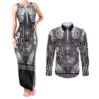 Custom New Zealand Taiaha Maori Couples Matching Tank Maxi Dress and Long Sleeve Button Shirt Kiwikiwi Minimalist Silver Fern Tukutuku Motif LT9 White - Polynesian Pride